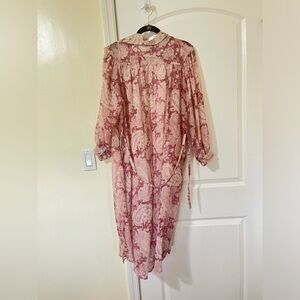 Zara Shirt Dress Pink Paisley Print Tie Belt Button Front Long Sleeve Sheer M
